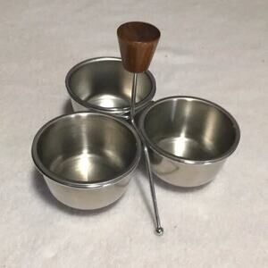 Vintage Mid Century Modern Condiment Tray W/bowls Wooden Knob Stainless Bowls